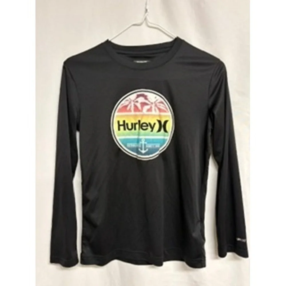 Hurley Kids Black H2O-Dri Long Sleeve Rash Guard UPF 50+ Swim Shirt Size 10/12